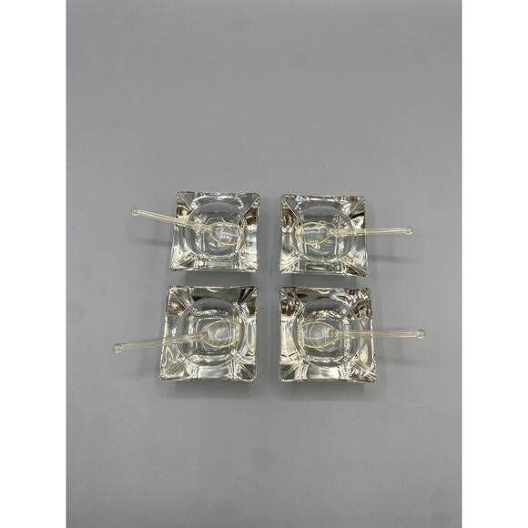 VINTAGE 2" GLASS SQUARE OPEN SALT CELLARS W/PLASTIC SPOONS - Picture 2 of 9